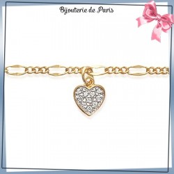 Chaîne cheville maille figaro 1- 3 et coeur de zirconium plaqué or - La Bijouterie de Paris