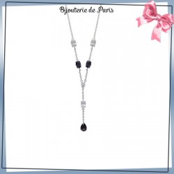 Collier cravate pierres noires et blanches argent