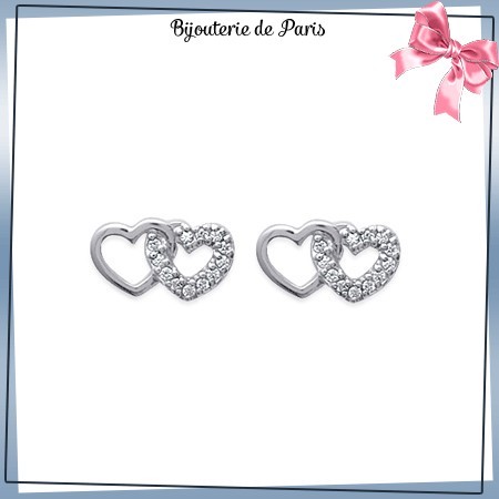 Boucles d'oreilles 2 coeurs argent et zirconiums - La Bijouterie de Paris