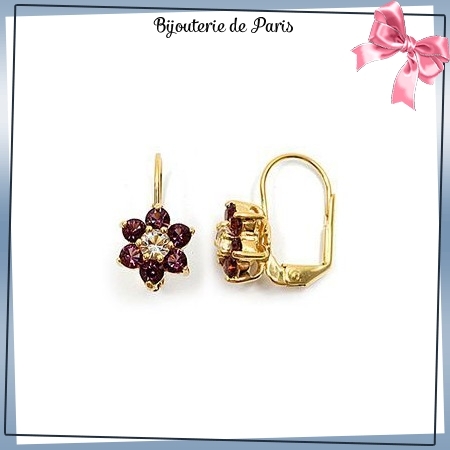 Boucles d'oreilles pendantes fleur violette plaqué or