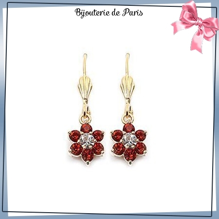 Boucles d'oreilles pendantes fleur rouge plaqué or