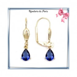 Boucles d'oreilles dormeuses gouttes bleu saphir plaqué or 