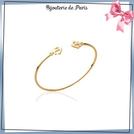 Bracelet jonc ouvert dessus plaqué or 2 ancres - La Bijouterie de Paris