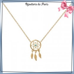 Collier attrape-rêves plaqué or, turquoise, 3 plumes