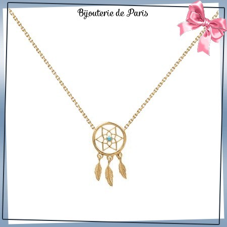Collier attrape-rêves plaqué or, turquoise, 3 plumes - La Bijouterie de Paris